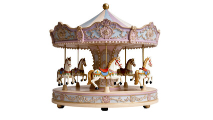 Isolated classic vintage miniature carousel merry-go-round with ornate decorated horses pastel colors © Sorin