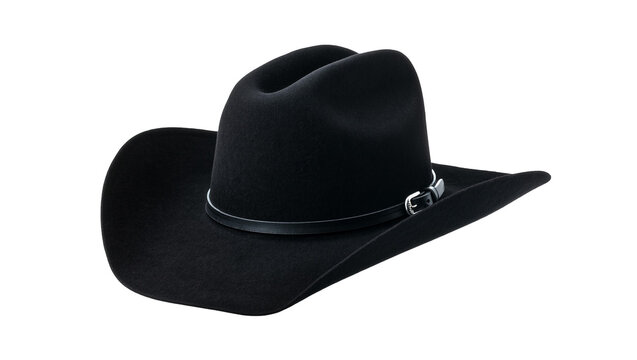 Isolated classic black felt cowboy hat with leather band and silver buckle