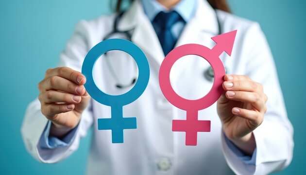 Doctor holds male and female gender symbols. Medical professional promotes reproductive wellness and std awareness. Healthcare concept for equality and human relationships.