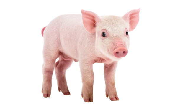 Isolated charming pink piglet standing full length, looking at camera, cute animal