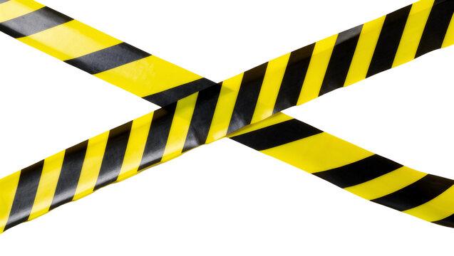 Isolated yellow and black striped hazard warning tape crossed over, signifying danger and caution.