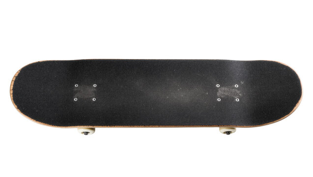 Isolated top view of a modern wooden skateboard deck with textured black grip tape and wheels