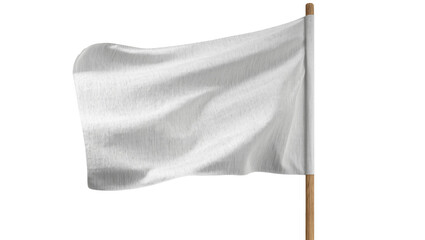 Isolated white flag waving on a wooden pole, simple blank fabric standard or signal © Sorin