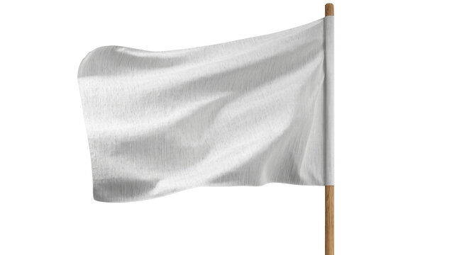 Isolated white flag waving on a wooden pole, simple blank fabric standard or signal