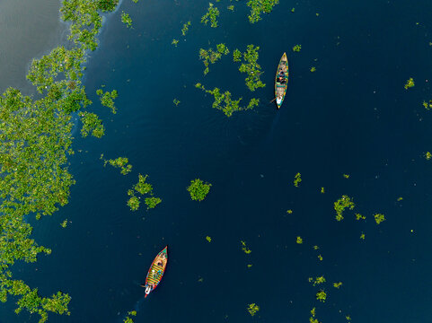 Aerial view of boats sailing through the water, interspersed with patches of vibrant green plants, creating a mesmerizing contrast against the blue, Dhaka, Dhaka Division, Bangladesh.
