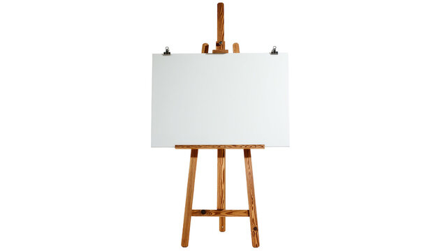 Isolated blank white square canvas on a sturdy wooden easel for artistic projects