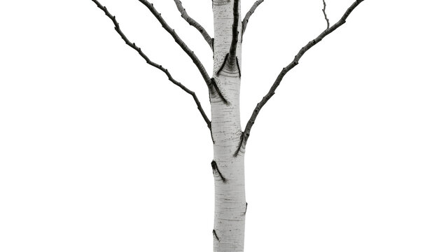 Isolated beautiful birch tree trunk with elegant bare branches, classic winter nature artwork
