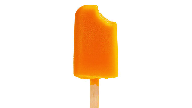Isolated vibrant orange popsicle with a bite taken out, melting, on a wooden stick