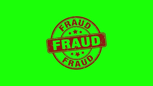 Red fraud stamp on green background for financial crime concept