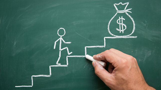 Hand drawing a chalk stick figure climbing stairs towards a money sack on a green chalkboard