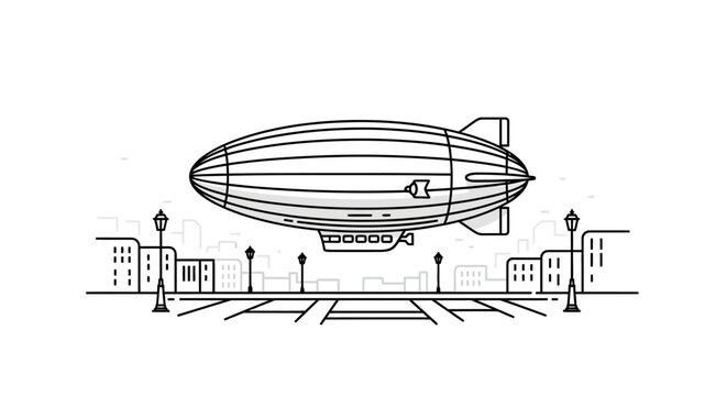 Vintage Airship Blimp Flying Over Cityscape with Buildings and Streetlights