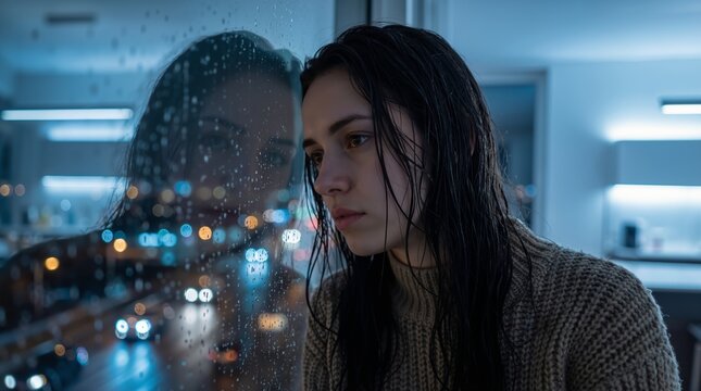 Sad woman looking through rainy window in dark room. Depressed girl feeling lonely during stormy evening. Mental health struggle, emotional pain and solitude concept at home at night