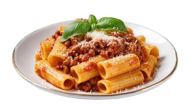 Isolated delicious rigatoni pasta with rich bolognese sauce, grated cheese, and fresh basil leaves