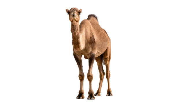 Isolated Dromedary camel standing full body and looking directly at camera with natural fur