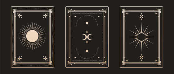 Golden tarot frames with fantasy mystical symbols set, Sun moon and stars spiritual signs ritual tarot cards, Astrology and esoteric symbols sacred signs. © Olena