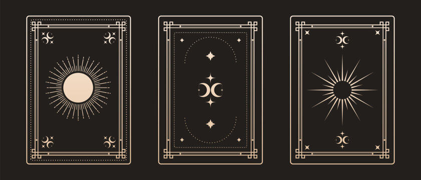 Golden tarot frames with fantasy mystical symbols set, Sun moon and stars spiritual signs ritual tarot cards, Astrology and esoteric symbols sacred signs.