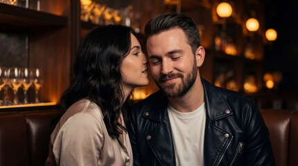 Fototapeta premium Woman whispering into ear of man in lounge bar. Romantic couple flirting on date night. Intimate candid moment, secret gossip or confession of love. Emotional connection in city nightlife
