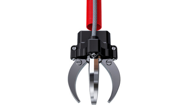 Isolated arcade claw machine grabber mechanism with shiny chrome parts and red protective hose