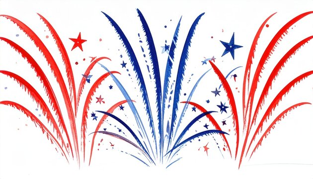 Ilustra&ccedil;&atilde;o de fogos de artif&iacute;cio estilizados em aquarela nas cores vermelho, branco e azul para celebra&ccedil;&otilde;es patri&oacute;ticas.