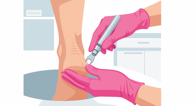 Hands in pink gloves performing pedicure on foot with calluses