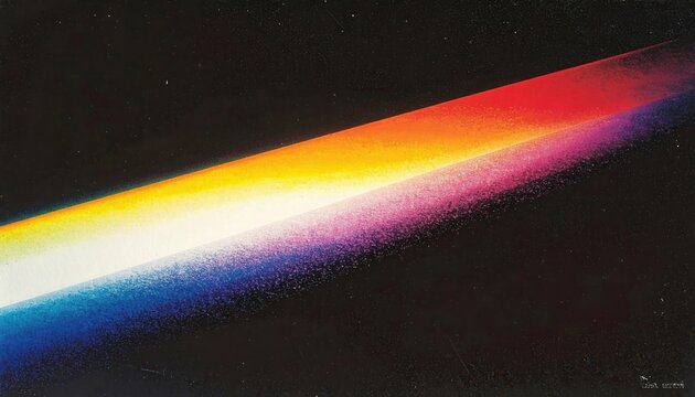 Raio de luz branca refratado por um prisma, criando um espectro de cores vibrantes no escuro.