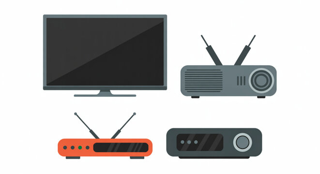 Collection of modern home entertainment devices including a flat screen tv and gaming consoles Vector