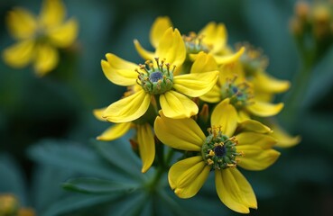 Obraz premium Macro photo of yellow common rue flowers with green centers. Herb has unique petals and seed capsules. Detailed view of botanical plant with dark blurred background. Medicinal herb in natural setting.