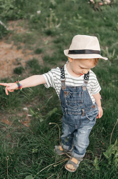Cute toddler child wearing straw hat and dungarees exploring nature.
