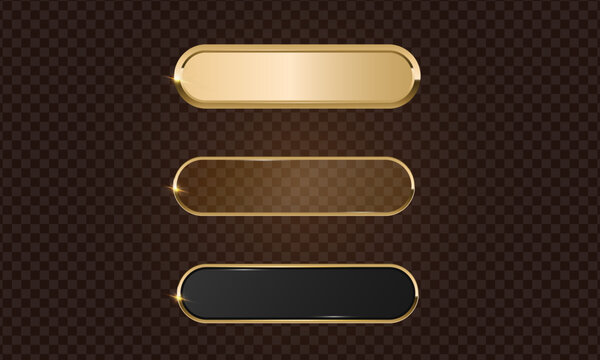 Gold button frame and glass 3d badge, Rectangular with rounded corners golden button icon on dark background, Premium signboard for web UI design.
