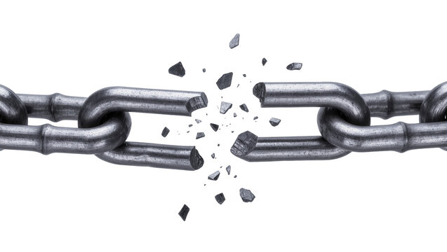 Isolated broken metal chain with flying fragments, representing weakness and freedom from constraints