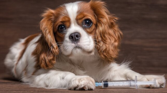 Cavalier King Charles Spaniel puppy lying next to a syringe on a wooden surface during a veterinary visit