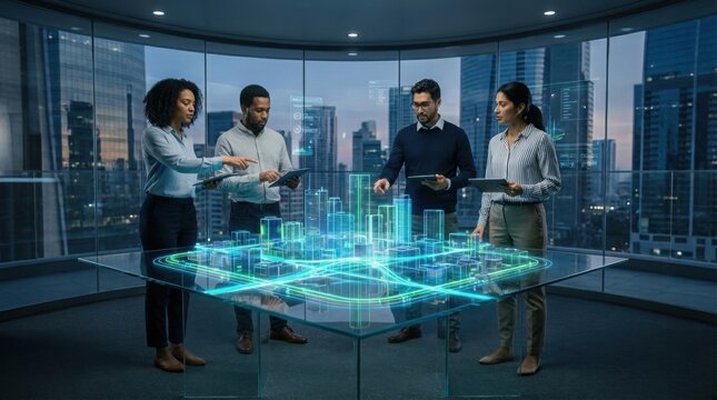 Diverse team of urban planners using tablets to analyze a glowing 3D holographic smart city model on a digital table in a modern high-rise office at dusk