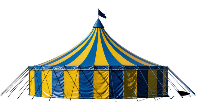 Isolated traditional blue and yellow striped big top circus tent for events and entertainment
