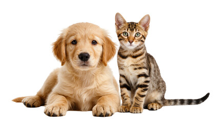 Isolated adorable young Golden Retriever puppy and striped Bengal kitten together studio shot © Aliona