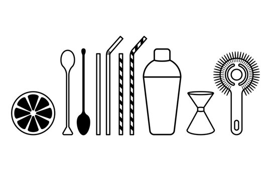 cocktail preparation and accessories outline icon set