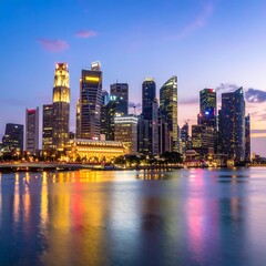 Obraz premium A blurred city skyline at dusk with colorful lights reflecting on water