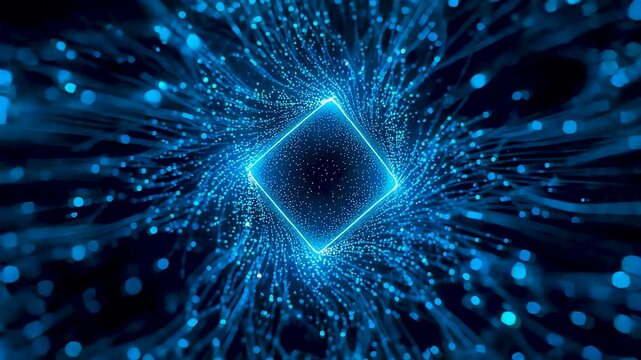 Bright Blue Glowing Square Frame Surrounded By Streaming Particles And Light Rays On Dark Background