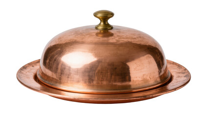 Isolated rustic antique copper butter dish with a dome lid and elegant brass handle. © Aliona