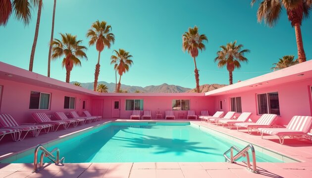 Pink retro motel courtyard features turquoise pool surrounded by palm trees under bright sunny sky. Lounge chairs sit poolside. Desert mountains visible in distance. Vacation spot offers relaxation,