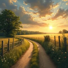 Obraz premium Dirt road curves through golden field at sunset. Wooden fence lines grassy lane. Majestic tree stands tall. Sunbeams break through clouds. Peaceful rural landscape.