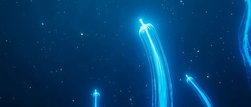 Vertical Bioluminescent Ribbons Drifting Upward in Deep Blue Ocean with Glowing Particles Slow Motion 4K Ultra HD Sci Fi Nature Background