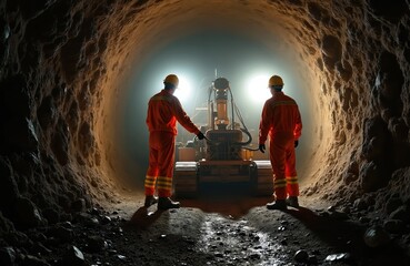 Obraz premium Two miners in orange suits operate drilling machine deep underground. Powerful lights illuminate rough rock walls. Men work on excavation in subterranean tunnel setting.