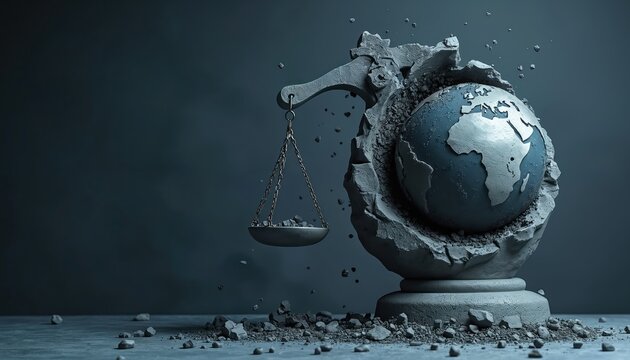 Symbolic scales weigh fragments against a breaking globe. Concrete crumbles, dust flies, representing global justice and law failure. World balance is unstable, showing fragility.
