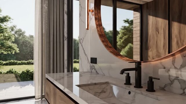 Sunlit modern bathroom with wood vanity,marble counter,round mirror,and glass door opening outside.