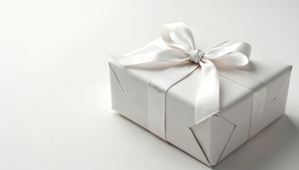 Obraz premium Minimalist photo of a white gift box with satin ribbon tied in a bow. Plain paper wrap allows space for custom text or logo. Simple present clean, elegant, blank.