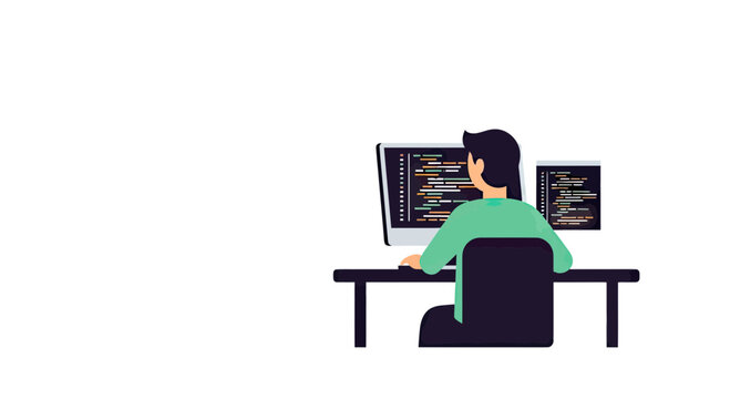 Software Developer or Programmer Coding on Computer at Office Desk Vector Illustration