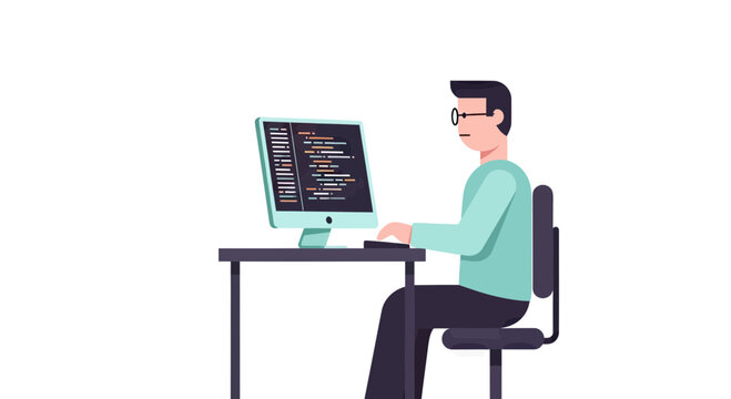 Professional male software developer working at computer desk coding program script, flat vector illustration