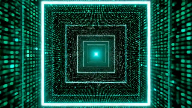 Glowing Green Digital Tunnel With Concentric Square Frames Leading To Bright Central Light In Cyberspace