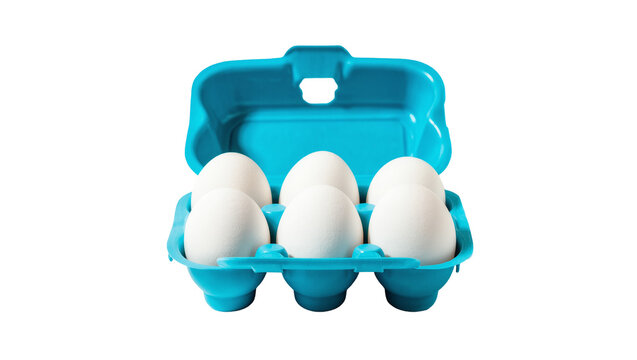 Isolated open blue plastic egg carton with six white chicken eggs inside, fresh food ingredient