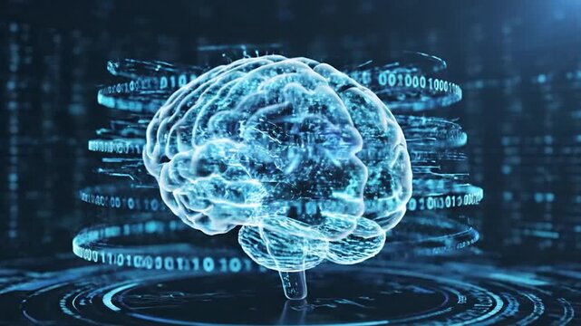 A glowing, transparent human brain model is surrounded by digital data streams and binary code, representing artificial intelligence and complex